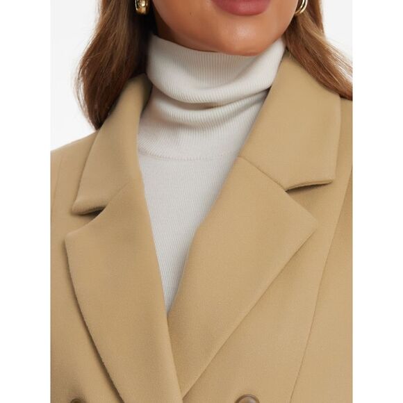 Notch Lapel Pea Coats Classic Double Breasted Winter Coats Khaki - Picture 5 of 7